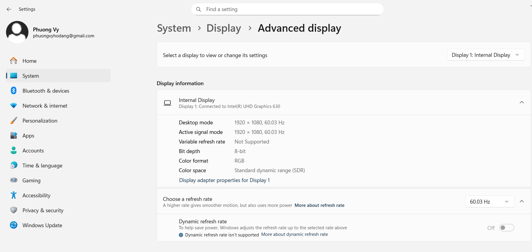 kiểm tra và chỉnh màn hình trong Windows Settings