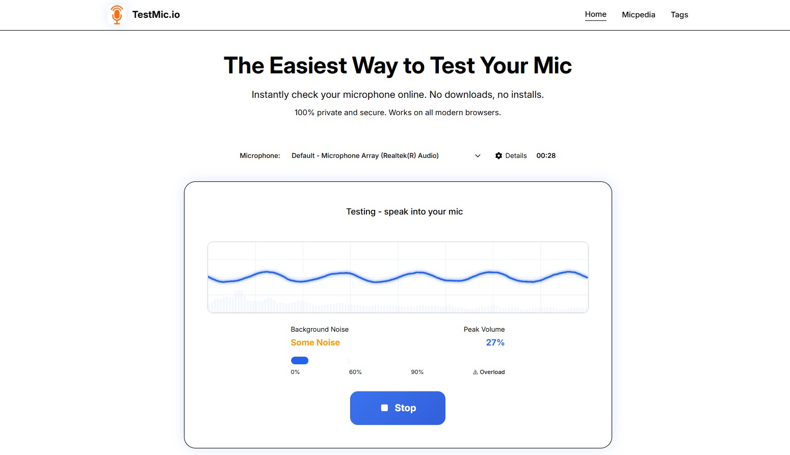 test mic laptop online miễn phí qua testmic io