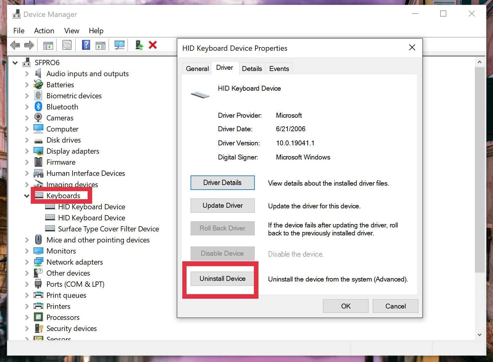 gỡ và cài đặt lại trình điều khiển bàn phím surface