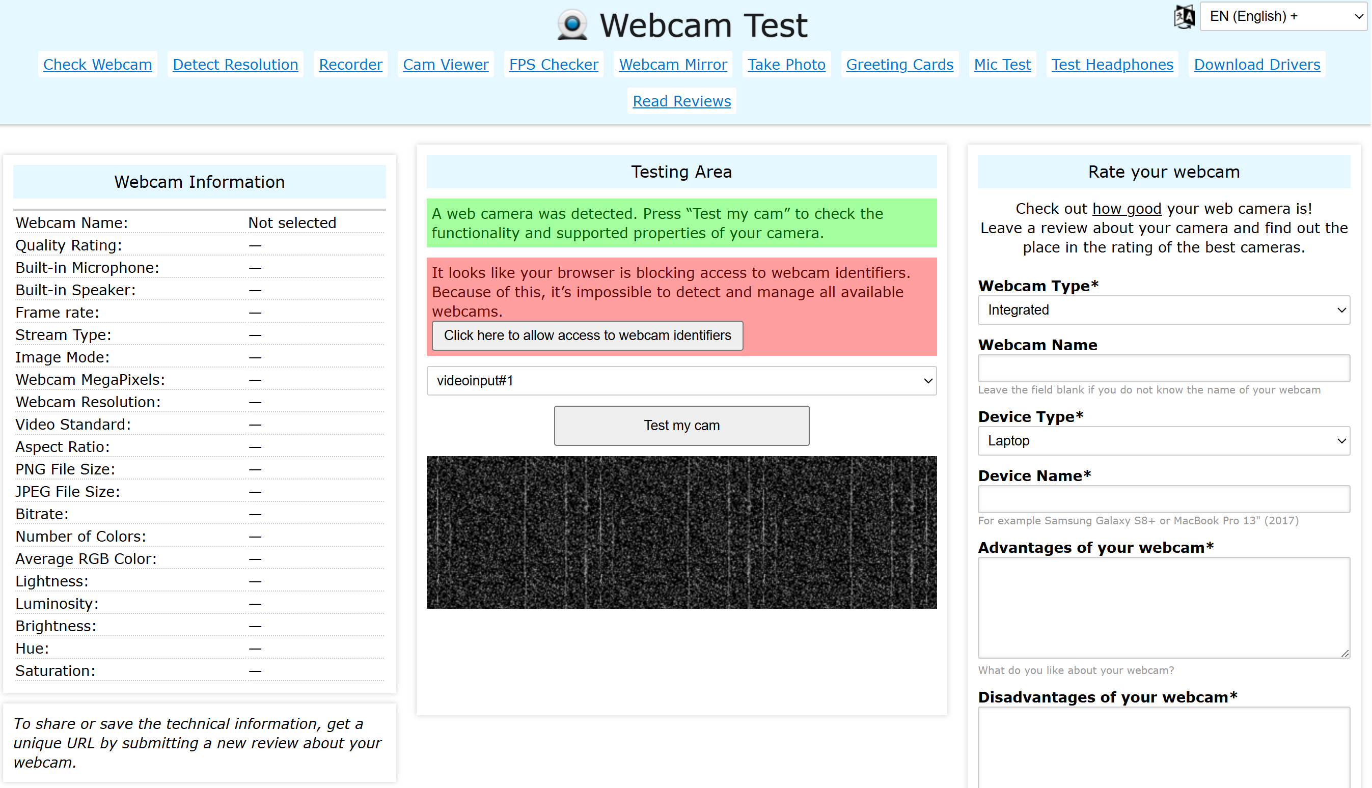 kiểm tra camera laptop trực tuyến với  webcamtests.com
