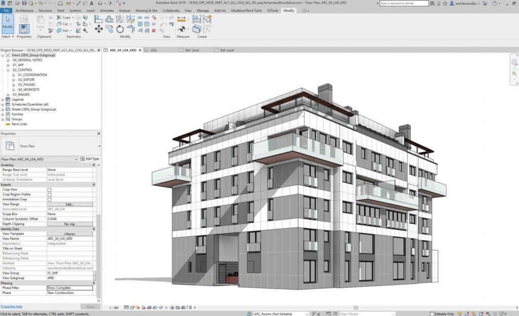 giao diện revit với mô hình kiến trúc phức tạp