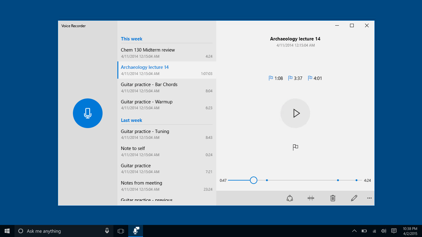 Giao diện ứng dụng Voice Recorder trên Windows 10