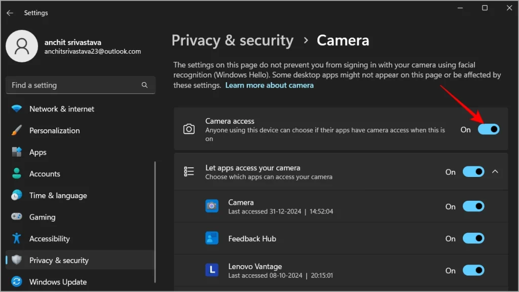 cài đặt quyền riêng tư camera trên windows 11
