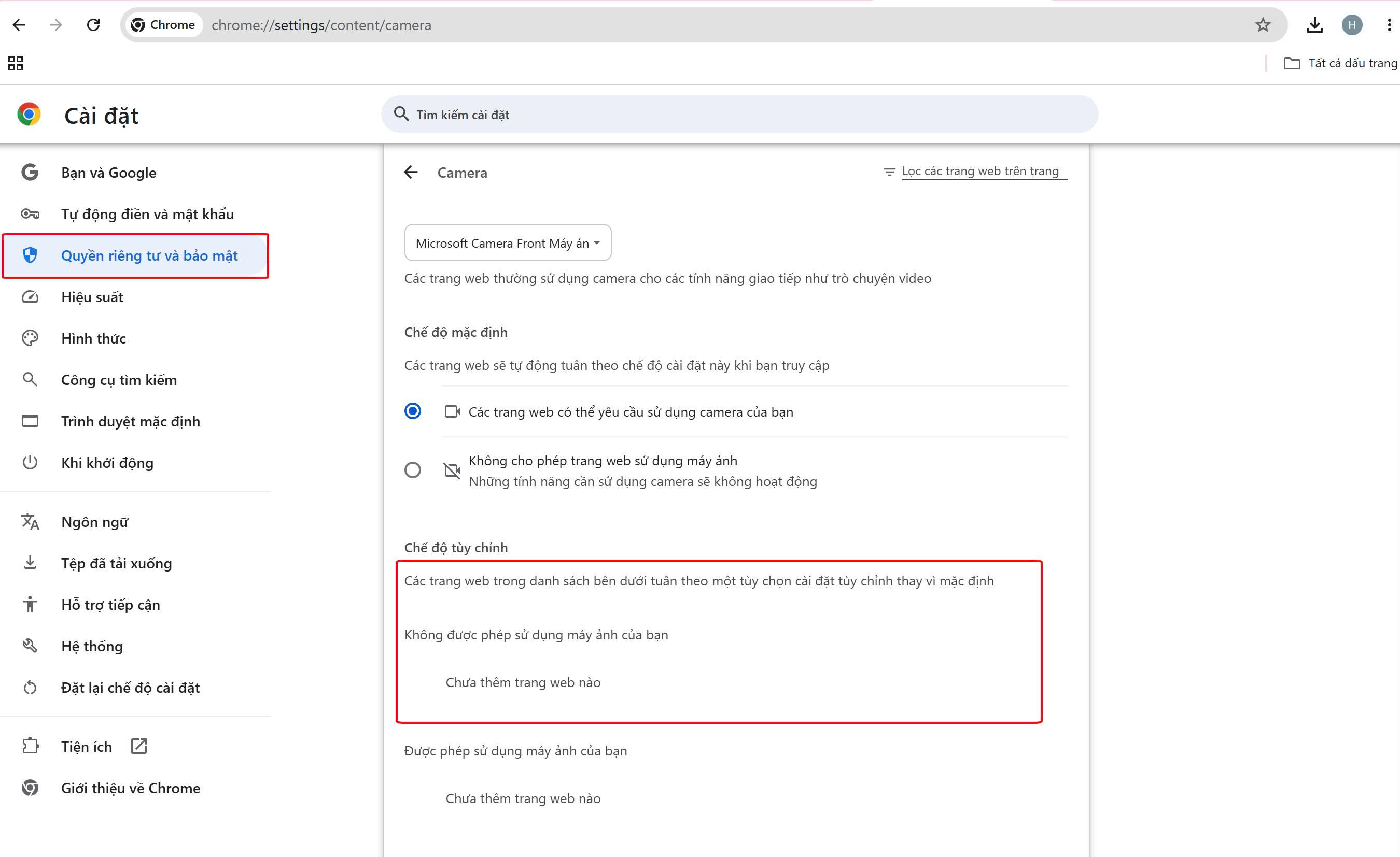cài đặt quyền truy cập camera trên google chrome