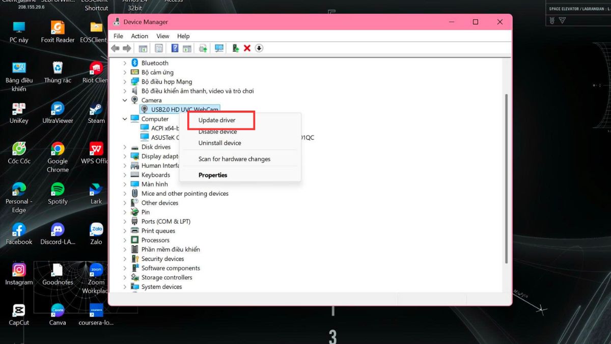 cửa sổ device manager hiển thị lỗi driver camera