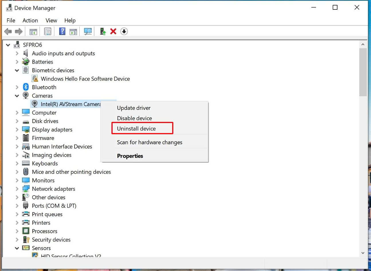 gỡ cài đặt driver camera trong device manager