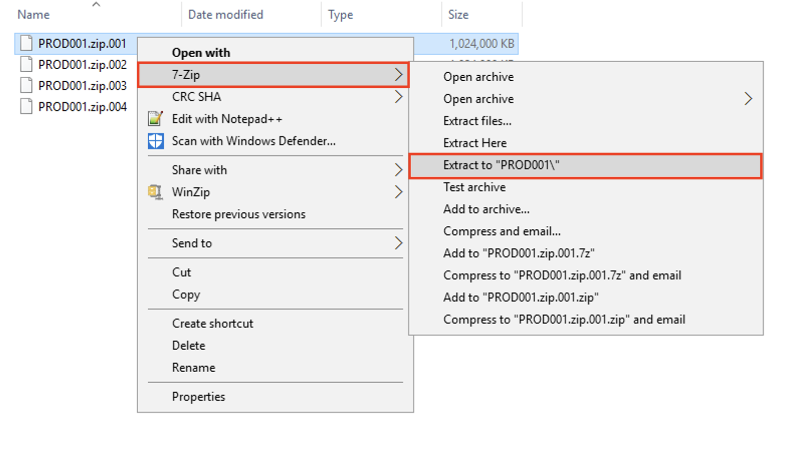 menu chuột phải 7-Zip với các tùy chọn giải nén
