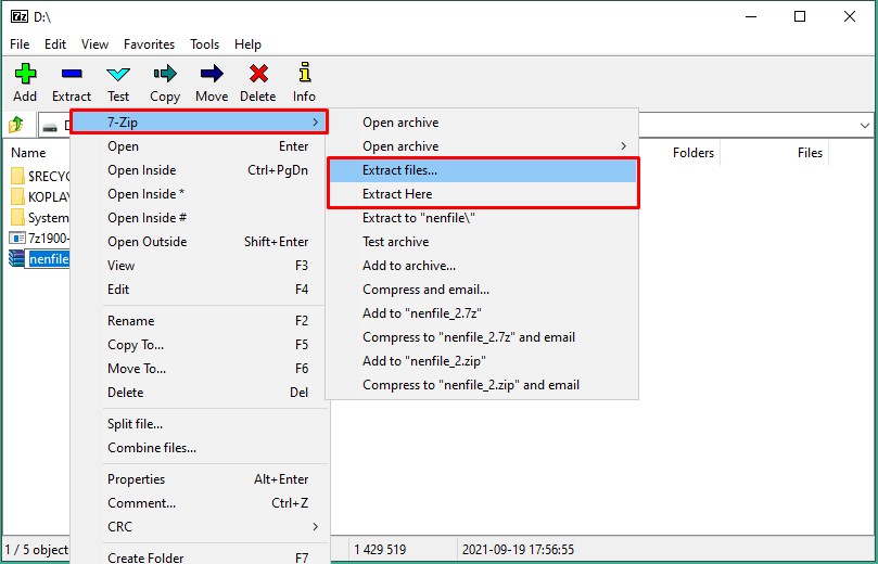 giao diện 7-Zip File Manager với nút Extract nổi bật