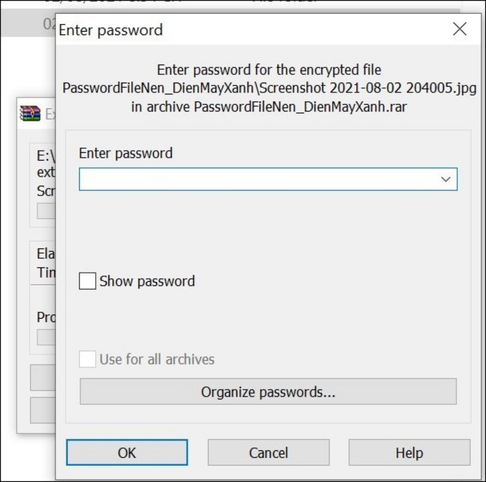 Hộp thoại yêu cầu nhập mật khẩu giải nén file RAR