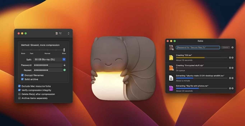 Giao diện ứng dụng Keka hỗ trợ giải nén file RAR trên máy tính Mac.