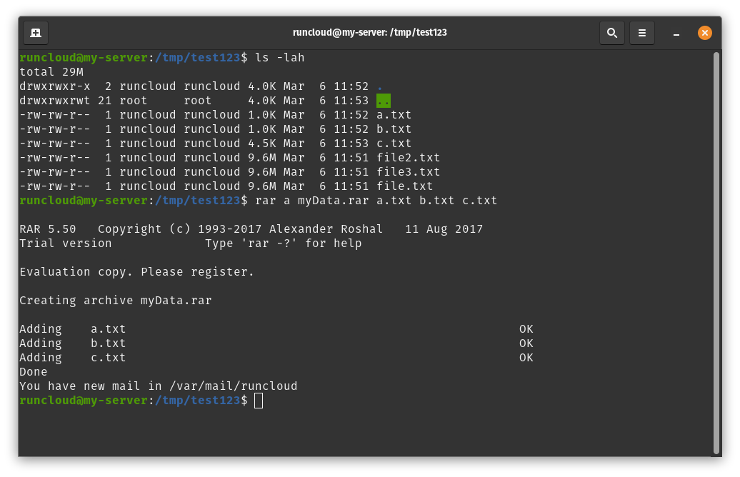 Thao tác sử dụng lệnh unrar x để giải nén file RAR trong cửa sổ Terminal Linux.
