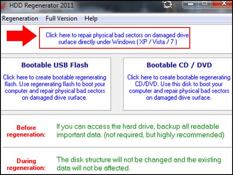 giao diện hdd regenerator quét và sửa lỗi