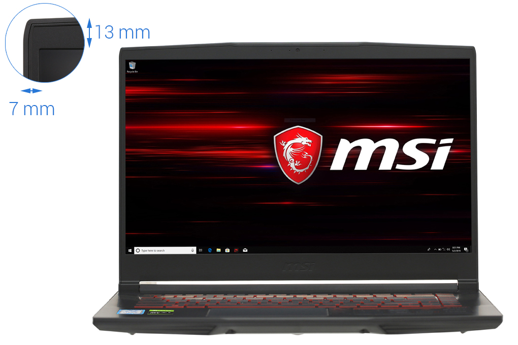 Laptop Gaming MSI GF63 9RCX i7 9750H 12CPUS/ 8G/ SSD256G/ GTX1050TI